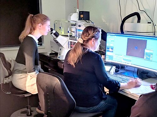 Working with the new confocal microscope: Meike Bielefeldt (left) and Dr. Susanne Stählke (right). Photo: Dr. Henrike Rebl